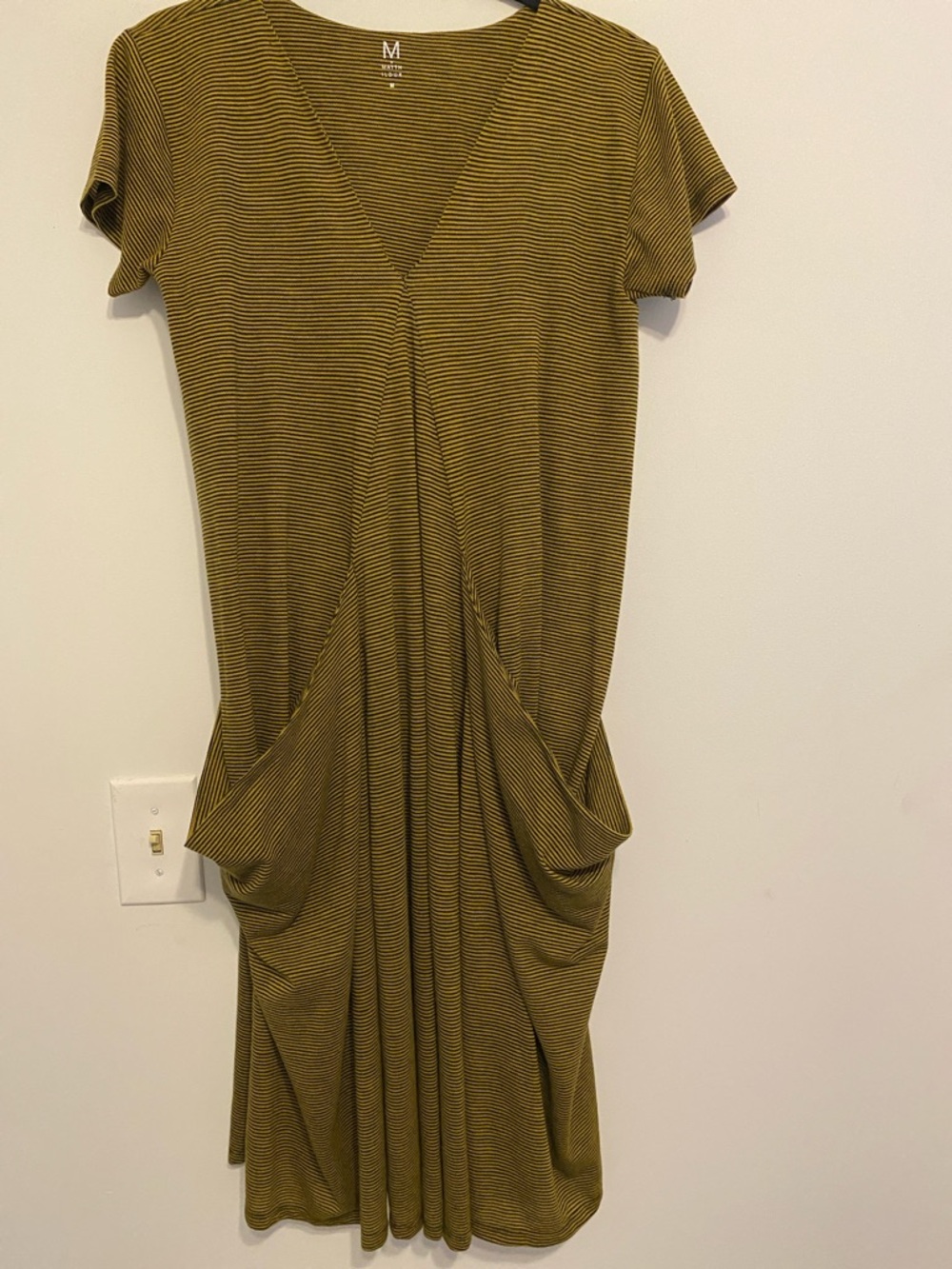 MattHildur Women’s Dark gold and Black Striped V-Neck Dress with Pockets - M